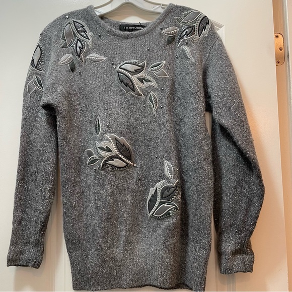 Silk/Wool oversized sweater grey floral faux leather floral S - Picture 2 of 13